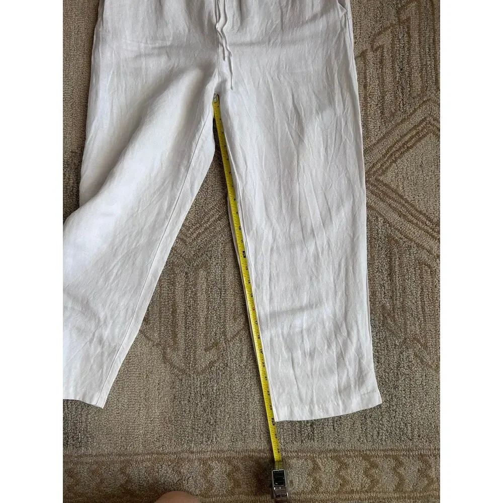 Wide Leg Pull On Tie Waste Linen Pants Pockets Lightweight Capsule White Women M